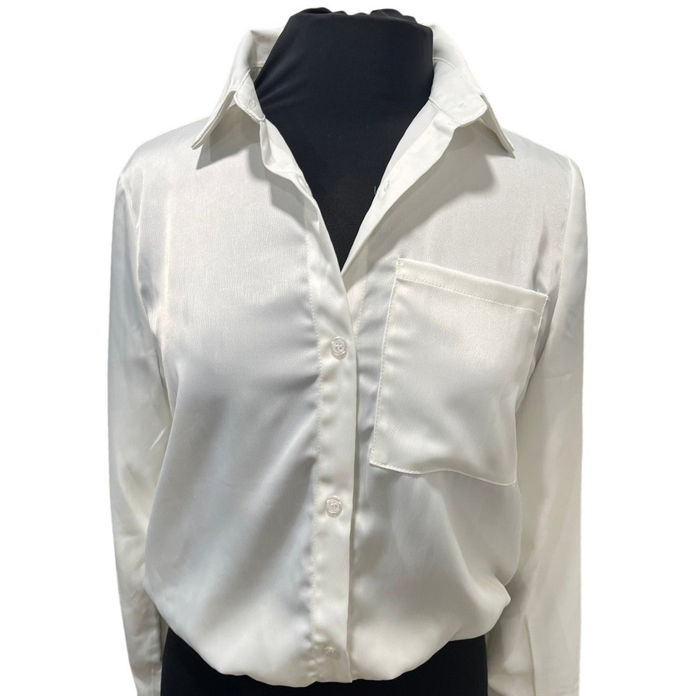 4th & Reckless - Anthropologie White Satin Button Down Bodysuit Blouse Medium